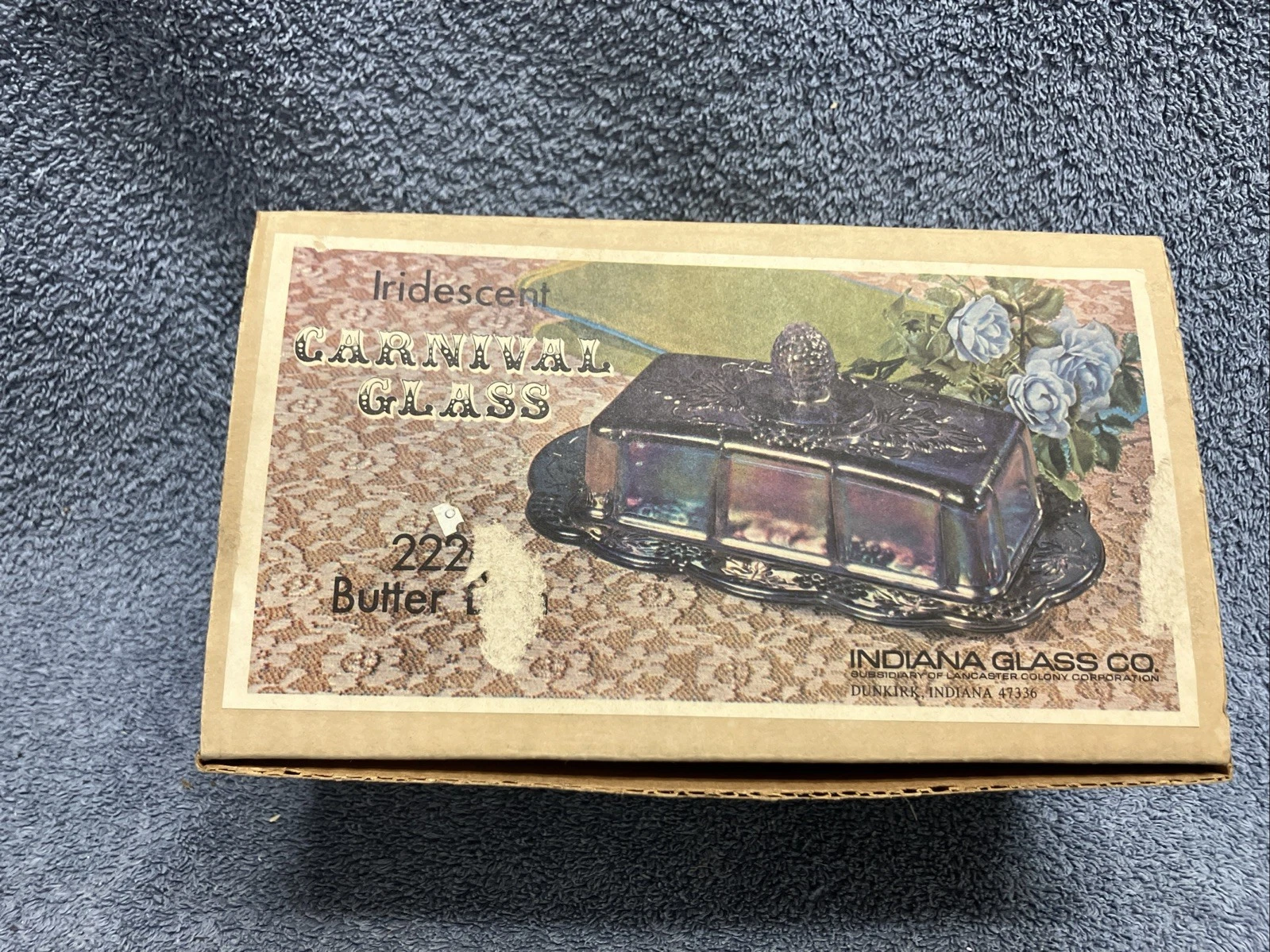 Indiana Glass Iridescent Blue Carnival Glass Butter Dish W/ BOX 2226