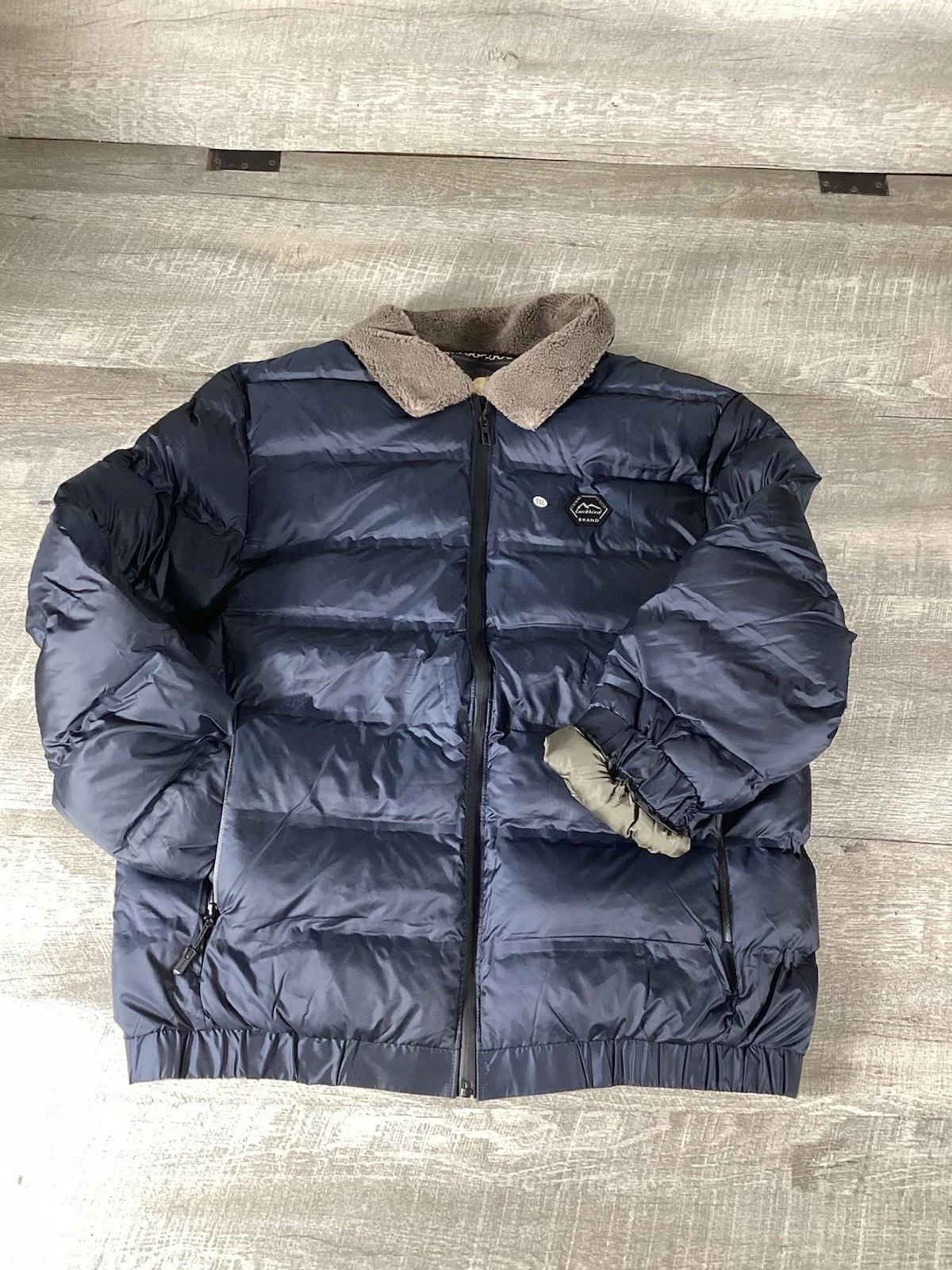 Luckbird Mens 5XL Puffer Jacket Sherpa Collar Winter Coat Zip Up Thick Warm Blue