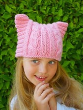 Toddler Girl Soft Pink Hand Knit Kitty Cat ears Hat handmade