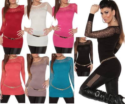   SeXy Miss Damen Fein Strick Long Pullover Spitze Nieten Dekoltee Pulli XS/S 