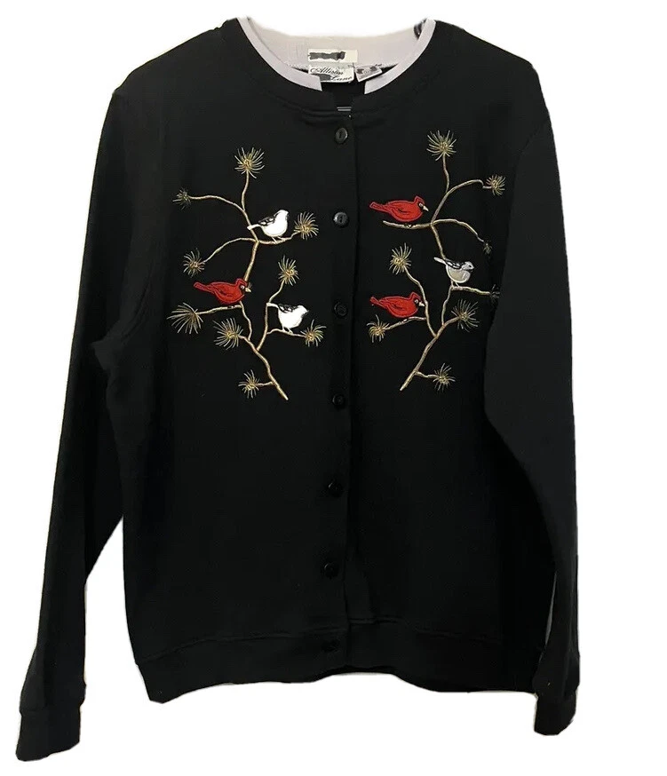 Allison Lane Cardinal Bird Embroidered Black Knit Button Up