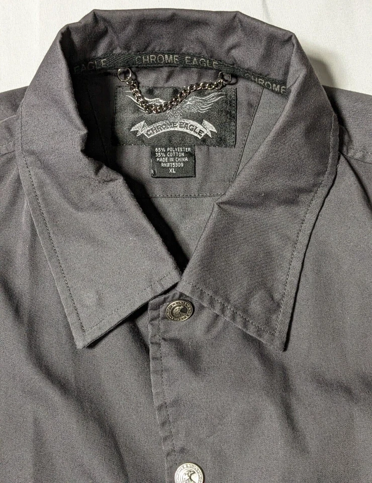 Camisa CHROME EAGLE Hombres XL Gris Botón a Presión Bordada Moto Mecánica Foto 4 de 4