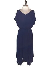 MAGGY LONDON Size 10 A-Line Dress Blue Cold Shoulder Cap Sleeve Midi