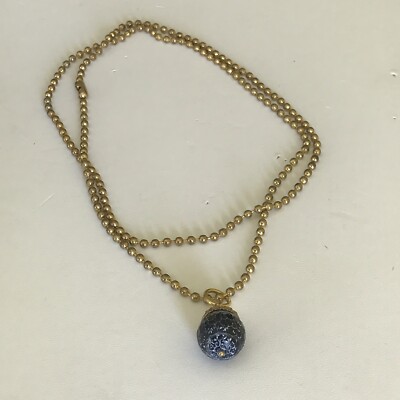 Marbled Black Poured Glass Acorn Gold Ton Pendant Charm Necklace 28''