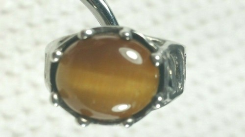 sz 6 VTG BRUTALIST GOLDEN YELLOW IRIDESCENT TIGERS EYE STERLING SILVER RING - Picture 6 of 9