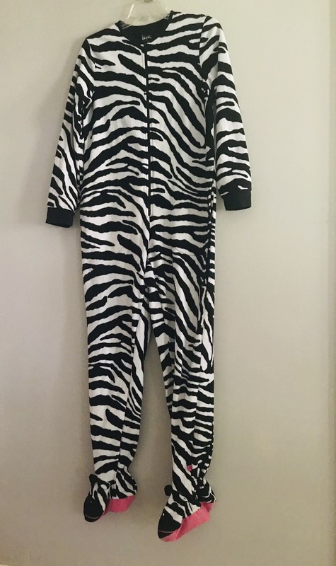 Nick & Nora Women Black White Fleece Zebra Footie Pajamas Sleepwear Size Small