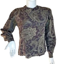 Jones NY 1980s Gray Paisley Silk Blouse Sz 6P Covered Back Buttons Collar