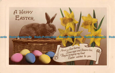 R164931 Gruß. Frohe Ostern. Hase im Korb. Eier und Blumen. RP. 1931