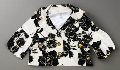 Vintage Cache Jacket Women s L White Black Floral Gold 3/4 Bell Sleeve Cropped