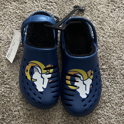 La Rams Clogs FOCO NFL Los Angeles Rams Sherpa Lined RARE Big Logo Clogs W/ Strap SZ ...