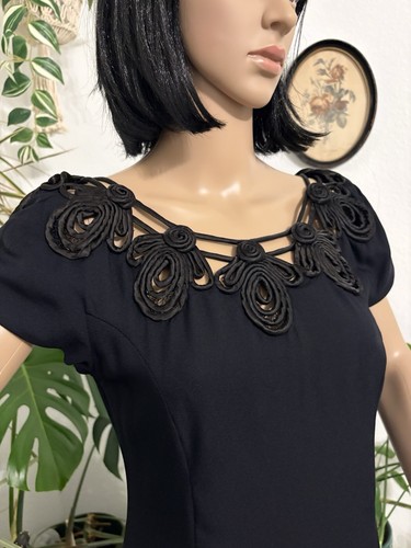 Vintage 80s Women’s Formal Party Dress LBD Sexy Black Maxi Sz S-M Soutache Neck - Picture 9 of 13
