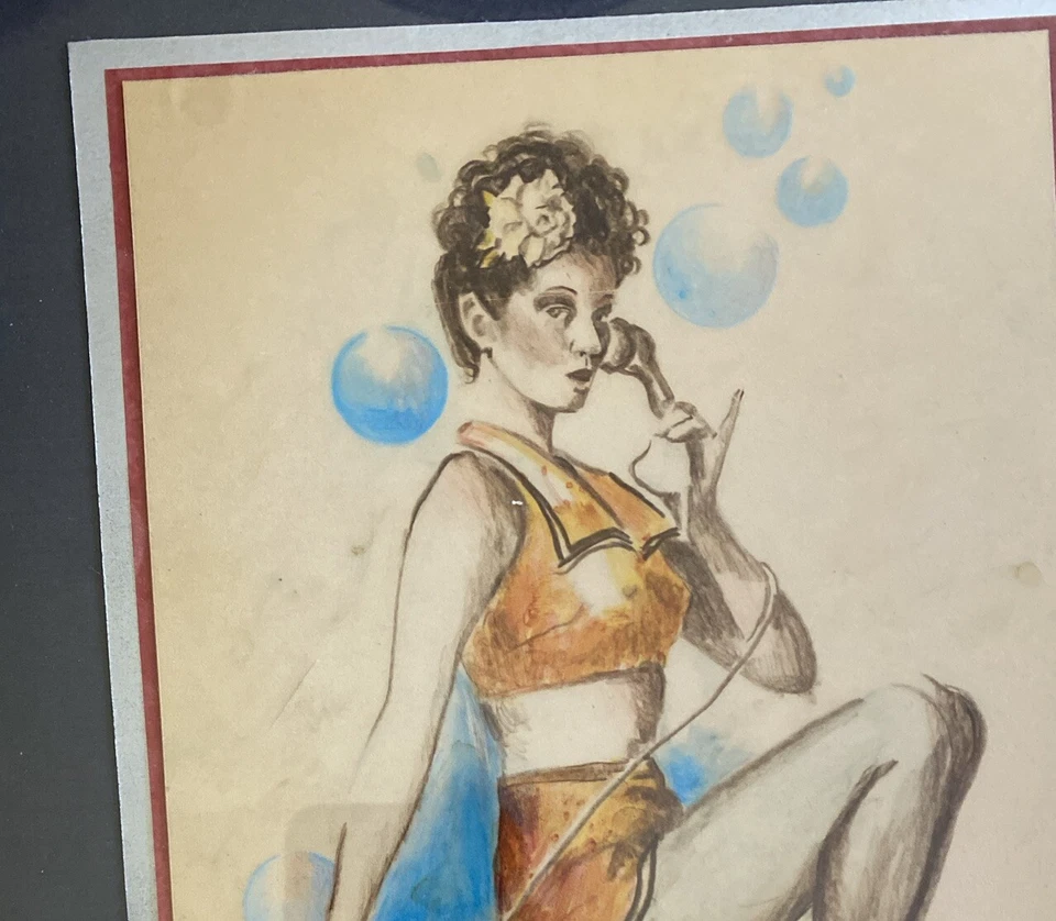 Pintura artística original Thadeus niña pinup--firmada, burbujas MCM Foto 4 de 4