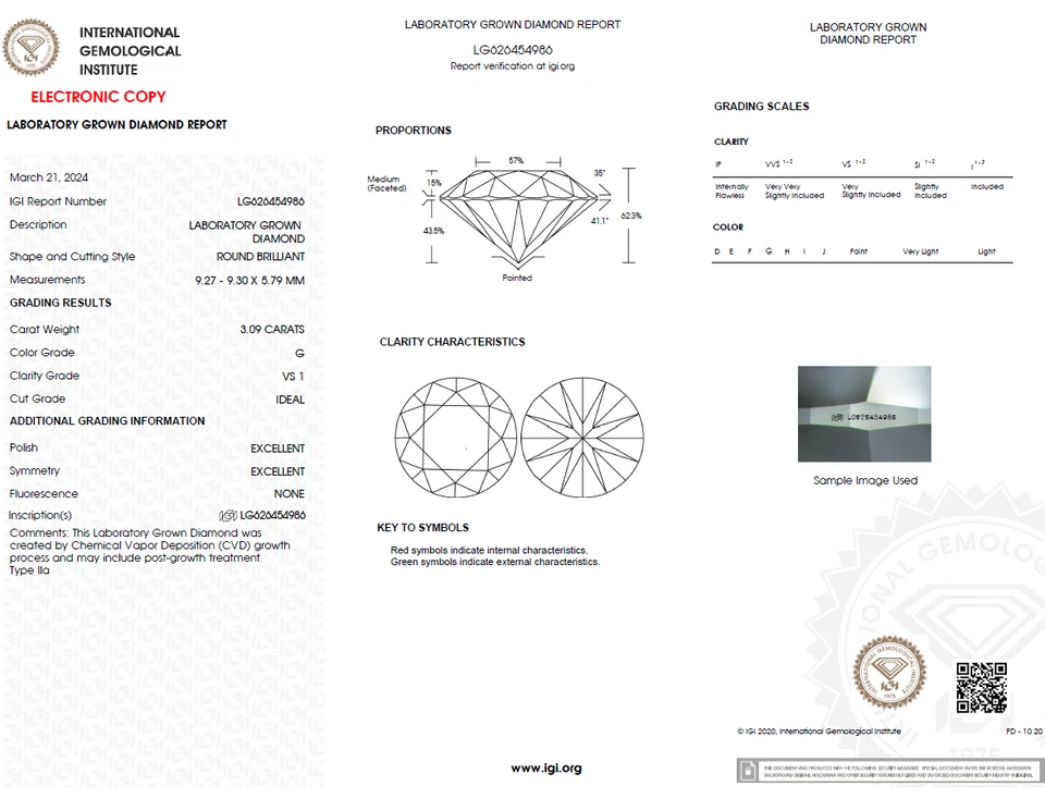 IGI Certified 3.09 Ct H VS1 Ideal EX Round Brilliant Cut CVD Lab Grown Diamond - Image 2 of 4