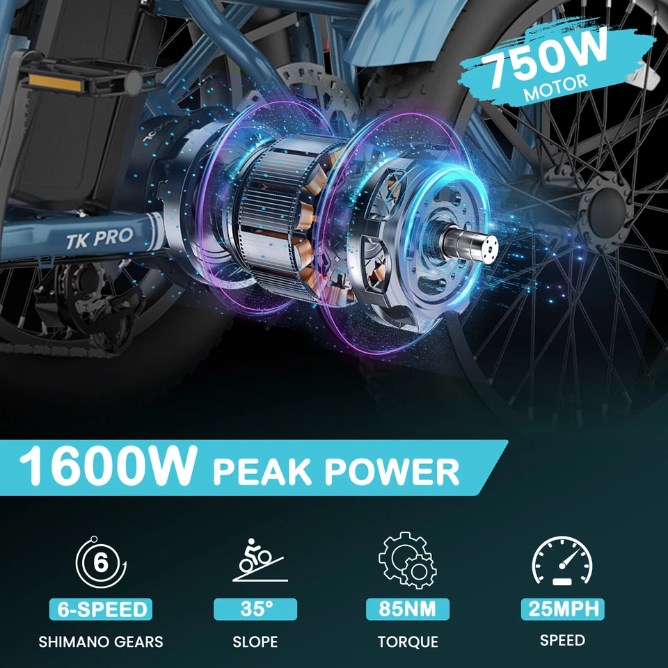 Triciclo Eléctrico Plegable MOONCOOL para Adulto Peak 1600W 48V 20x3" Triciclo de 6 Velocidades Foto 3 de 4