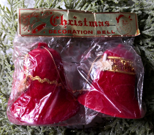 2 Vintage rote verriegelte Glocken Goldband Kerze Borte Baumornamente Neu in Verpackung Japan