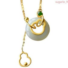 Natural Hetian Jade Gourd Pendant Necklace Chinese Retro Craft Women Jewelry
