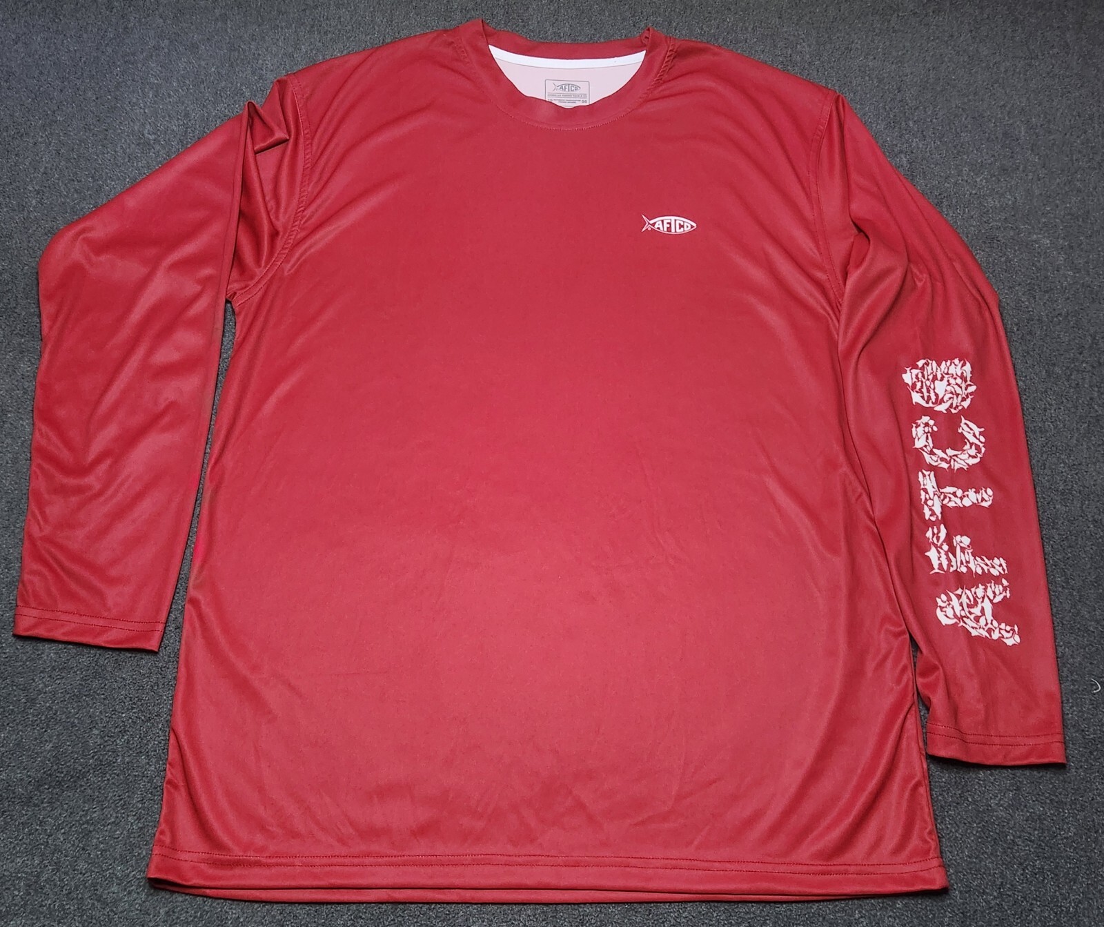 AFTCO Mens Large Shirt Red 100% Polyester Long Sleeve White Mosaic Fish Graphic