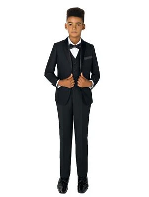 ROCO Boys Black Modern Tuxedo, Black Three Piece Tuxedo, Black Wedding Suit 1-16 Yrs
