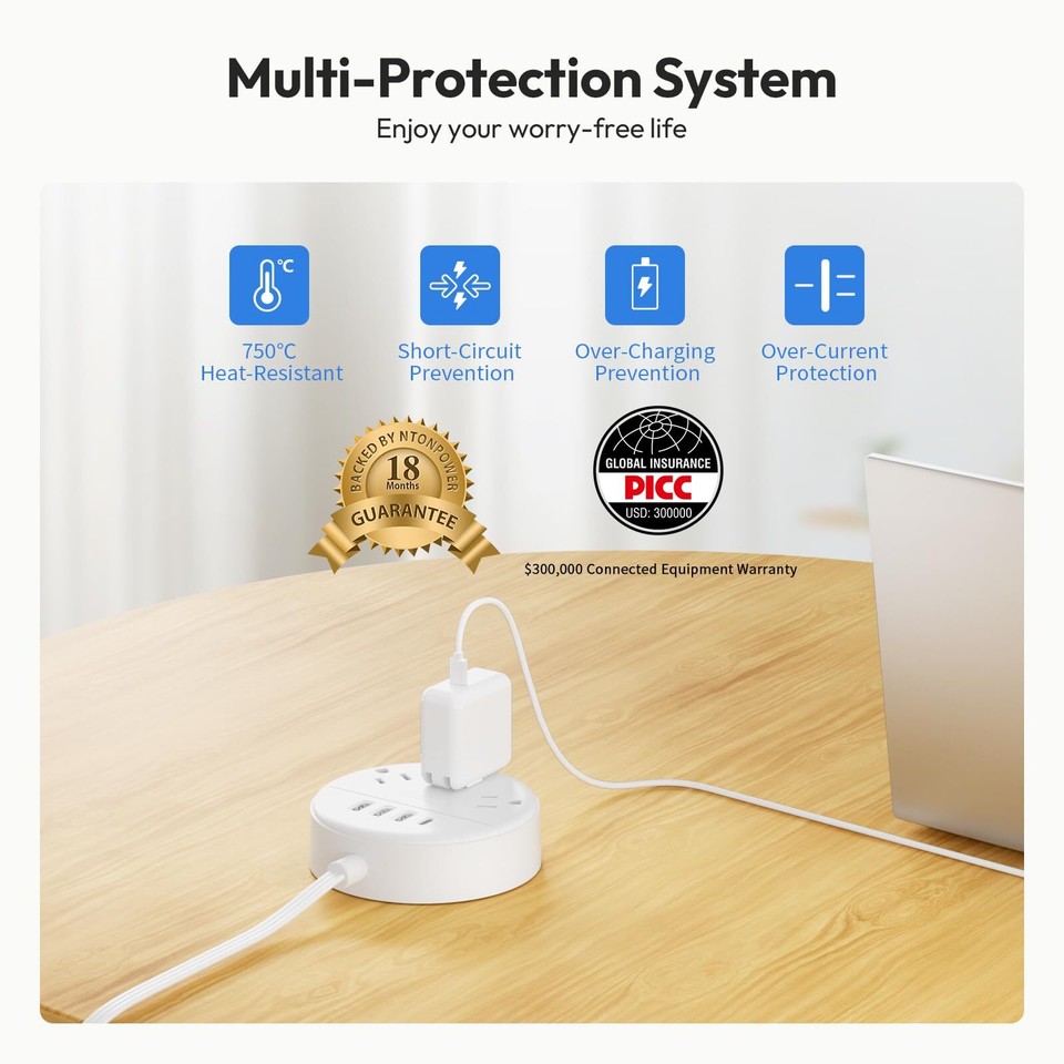 Flat Plug Power Strip With Usb Ports Nightstand Desktop Charging