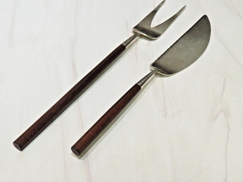 MCM Plata 925 Sterling Mexico Teak Serving Knife Fork Fish Cake Utensils  - Image 2 of 4
