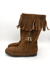 Minnetonka Fringe Moccasin Boots Womens 8 Brown Suede Beaded Feather Boho 1672