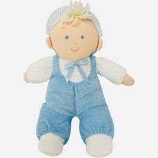 Vintage Eden Boy Doll Plush Blue Terrycloth Overalls 10" Pastel Baby Toy Bow