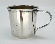 Vintage Silver Plate Baby Childs Cup Floral Flower Scroll Handle Silverplate