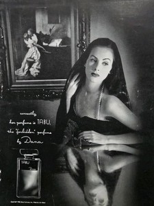 1948 Dana Tabu Forbidden perfume lady in black dress cape Vintage Ad 