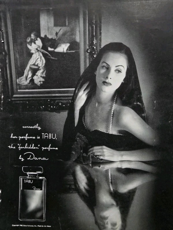 1948 Dana Tabu Forbidden perfume lady in black dress cape Vintage Ad 