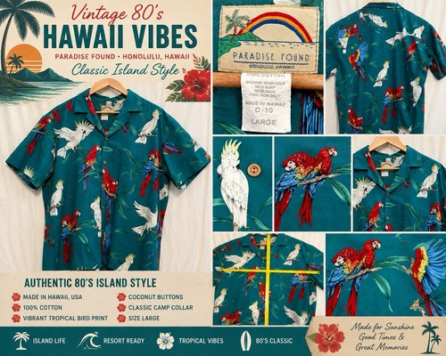 VTG 80s Paradise Found Hawaii Macaw Cockatoo Shirt Magnum PI Style L USA EUC