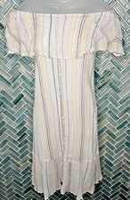 MICHAEL STARS Midi Dress Women's S Crinkle Gauze Embroidered Striped Ruffle Hem