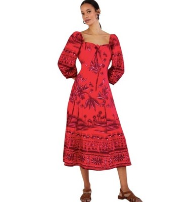 Monsoon Paola Palm Print Red Linen Blend 3/4 Length Sleeve Midi Dress. SZ Medium