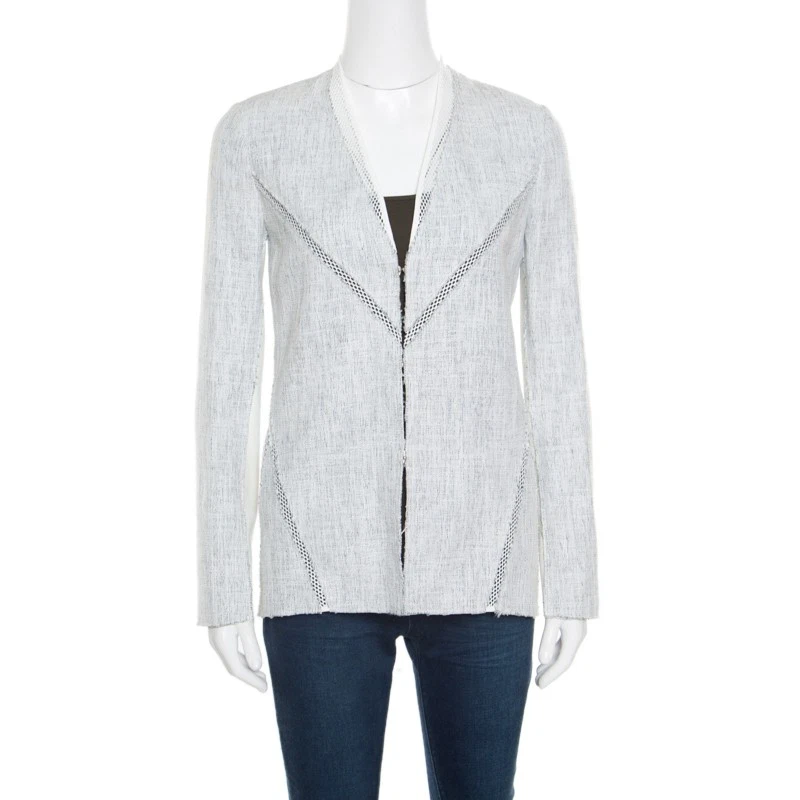 OFF WHITE Giacca Leeann Elie Tahari Off Bianco e Blu Strutturato Inserto Media Misti XS