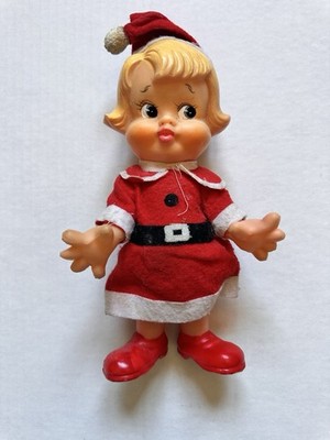 Vintage Christmas Pixie Elf Girl Doll Santa Outfit Felt Dress Plastic 1960s