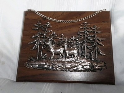 Plaque Wall Decor 3D Lite Copper Metal Deer Tree Scene 9'' x  7'' Hanger A  & F
