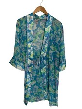 Delicates Women's Size Large Sheer Aqua Floral Robe Satin Trim Knee Length