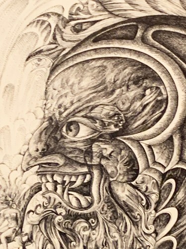 Gran artista desconocido dibujo a tinta original firmado fantasía surrealista 1974 - Imagen 4 de 10