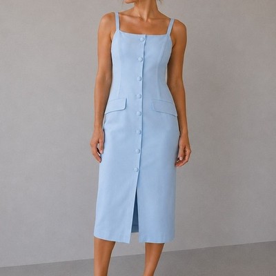 All We Need Midi Dress Womens S Light Blue Cotton Blend Button-front Sheath