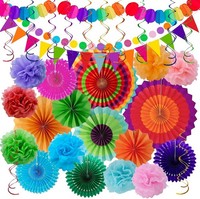 Party Deko 33 StüCk Bunt Papier LüFter Pompons Wimpelketten FüR Gartenpartys