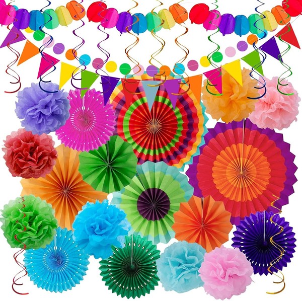 Party Deko 33 StüCk Bunt Papier LüFter Pompons Wimpelketten FüR Gartenpartys-image