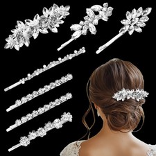 7 Pieces Bridal Hair Clips Silver Leaf Shapes Rhinestone Hair Pins Wedding Pr...