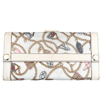 Gucci Charmy Hook Long Wallet White Pink Silk Satin /Leather Continental Clutch