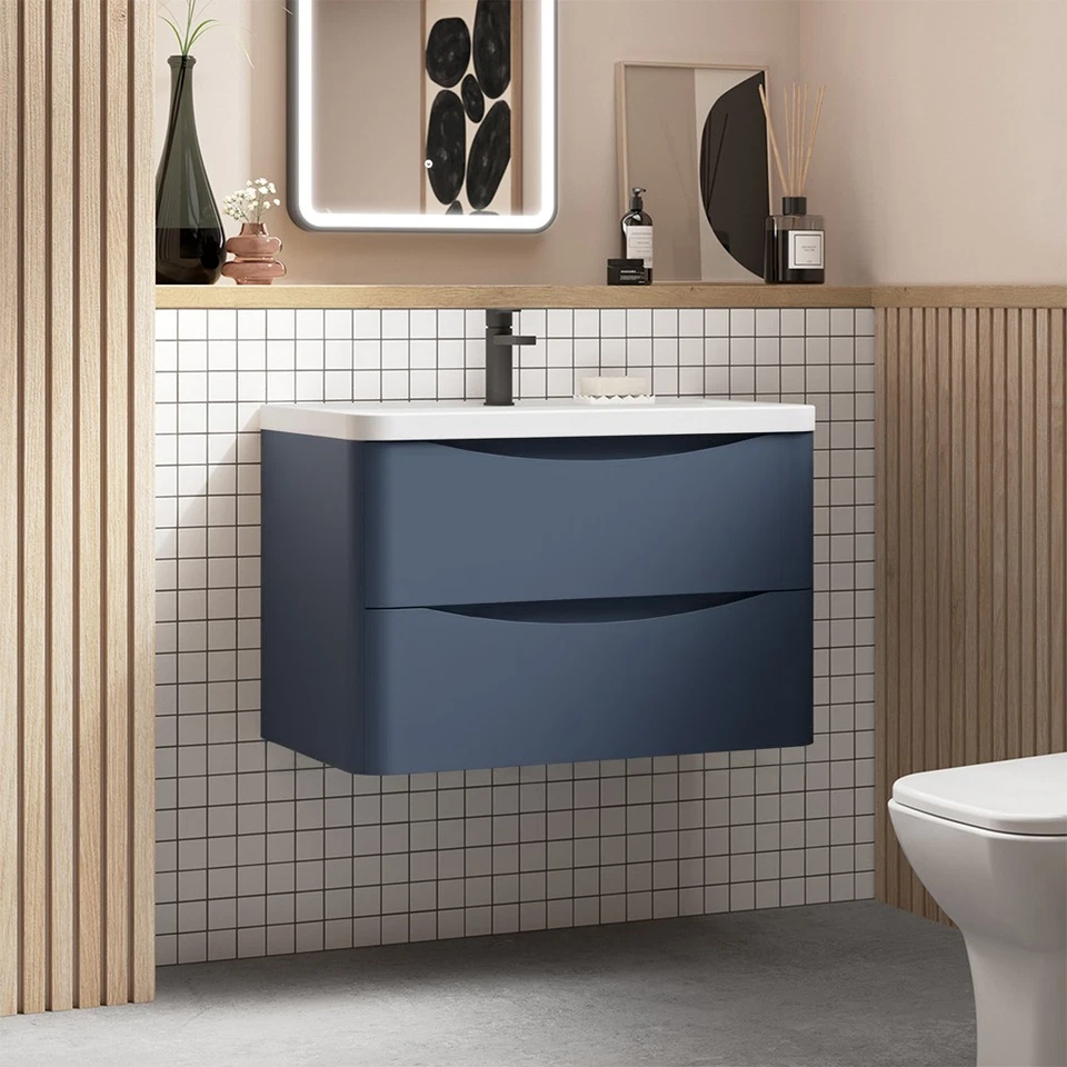 Nuie Wall Hung Vanity Unit & Ceramic Basin 800mm - Satin Blue No Taps or Waste