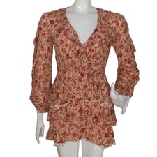MINKPINK Mini Dress, XS, Paisley-Floral, Pale Peachy-orange, Ruffles, Long slvs