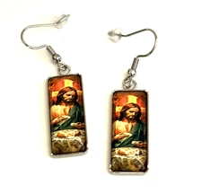 Vtg Revival Sacred Last Supper Glass Image Dangle Earrings Christian Icon Style