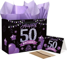 Black Purple 50Th Birthday Gift Bag with Handles Include Greeting Card and Tissu