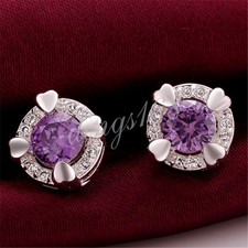 Classic Real 925 Sterling Silver 4-Heart Purple Crystal 11mm Stud Earrings B874