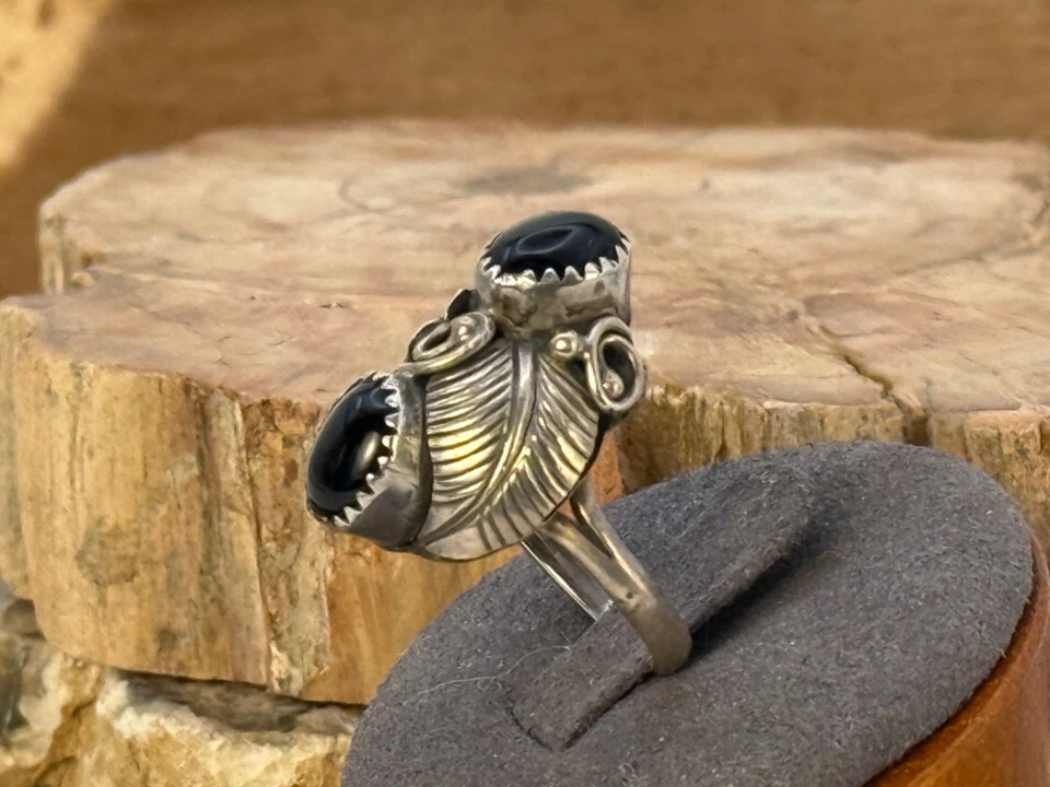 Anillo Navajo Vintage Plata Esterlina Flor Ónix Negro Talla 7.25 --2663.25 Foto 4 de 4