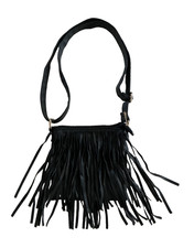Black Fringe Crossbody Bag, Zip Closure, Adjustable Strap, Gold Hardware
