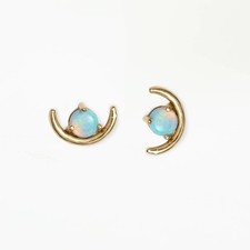 Natural Opal Crescent Moon Earrings 14K Gold Celestial Studs October Birthstone